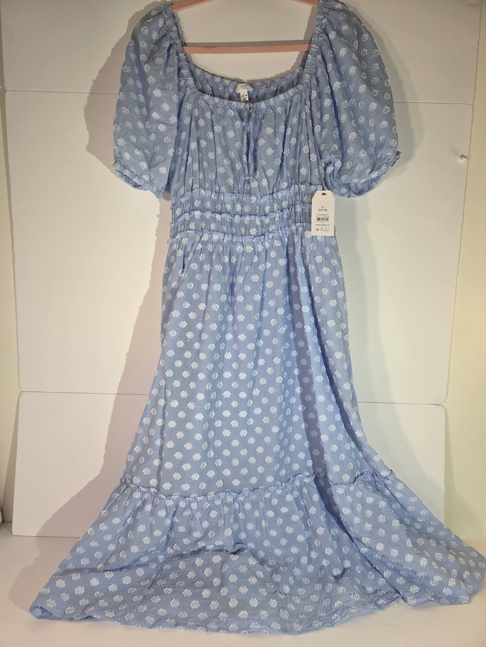 Time and Tru Puff Sleeve Square Neck Dress Blue Clip Dot NWT Large 12-14
